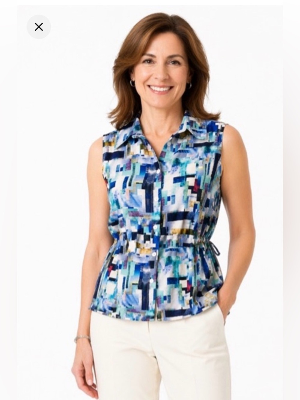 Sleeveless Button-Front Collared Top in Multicolor Blue Print Sz S